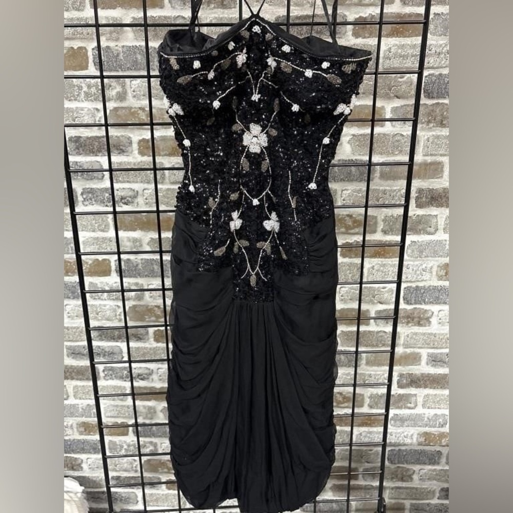 Vintage Ce Bon Black Beaded Sequined Floral Wiggle Dress Draped Skirt, Size S